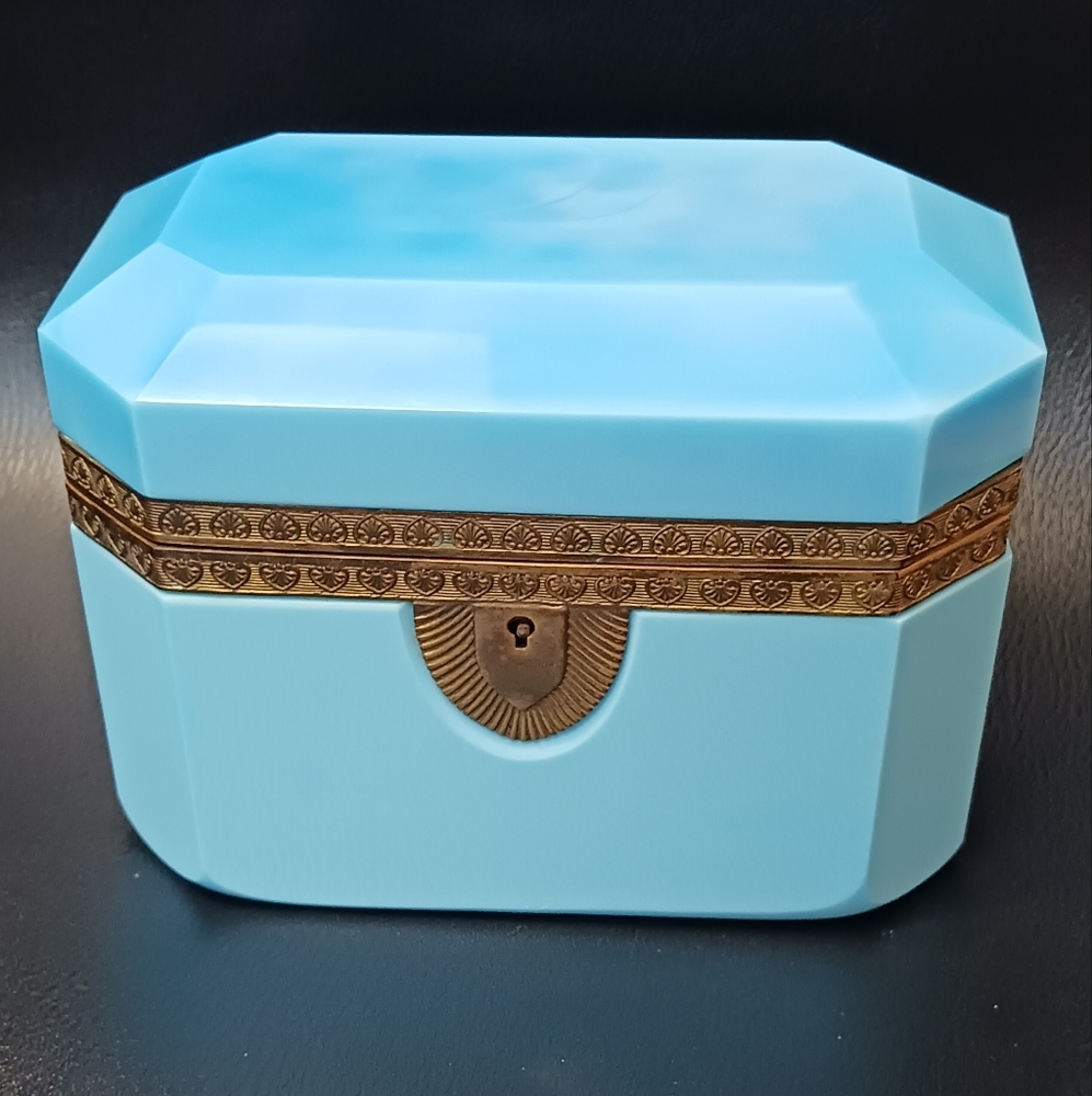 Vintage opaline coffin jewelry box with brass finish
